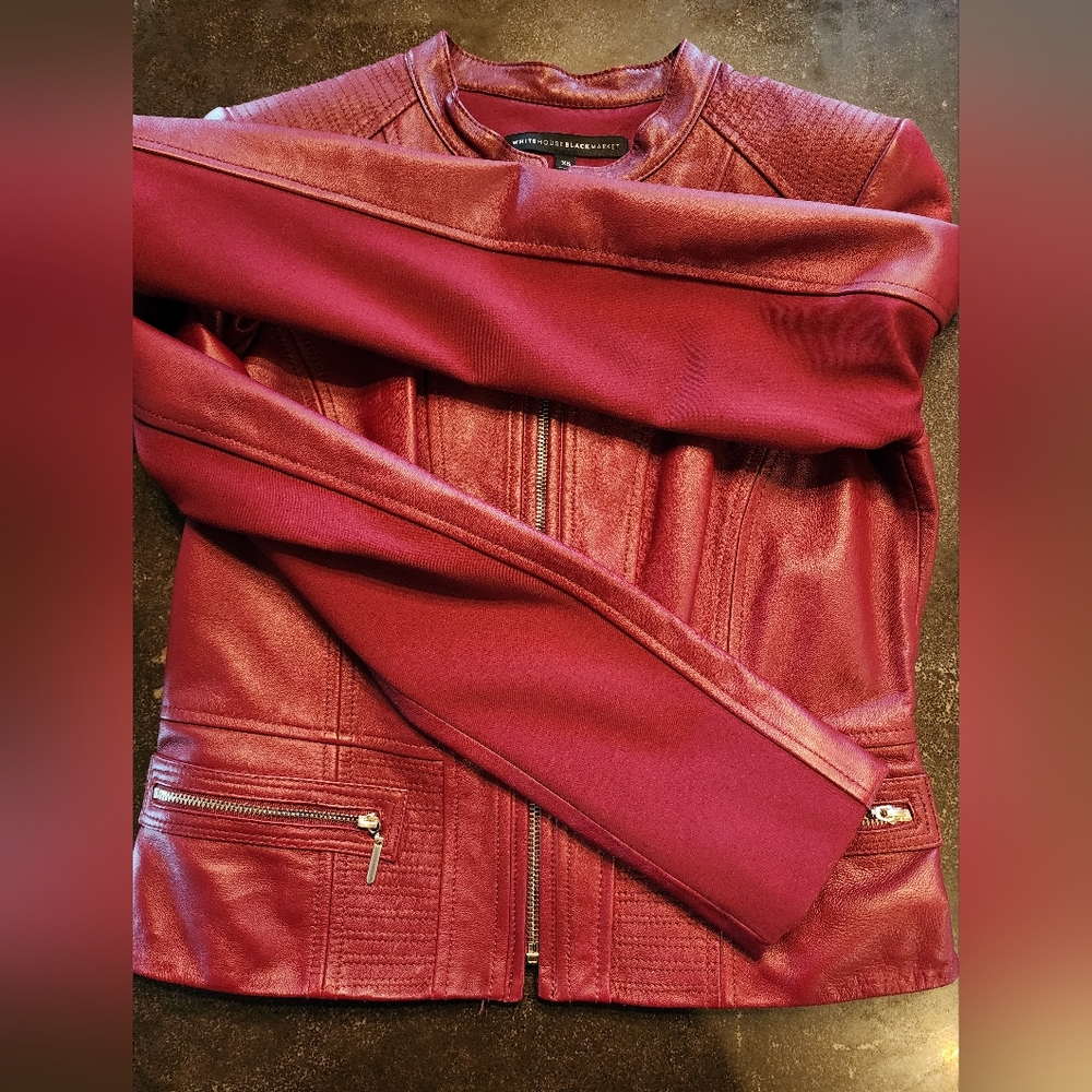 Free Ship!! WHBM Red Leather Moto Jacket with Sleek Fit SIZE XS - Picture 8 of 16